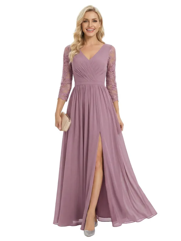 Elegant V-Neck 3/4 Sleeves A-Line Side Slit Chiffon Mother Of The Bride Dress sold by ChicSew