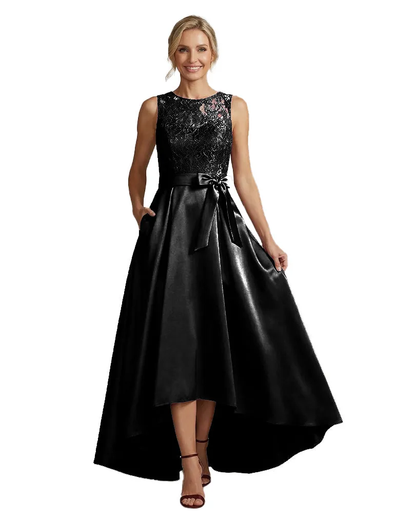 Modern High-Low Satin Mother Of The Bride Sleeveless Lace Jewel A-Line Dress With Bow Knot sold by ChicSew product image thumbnail 4