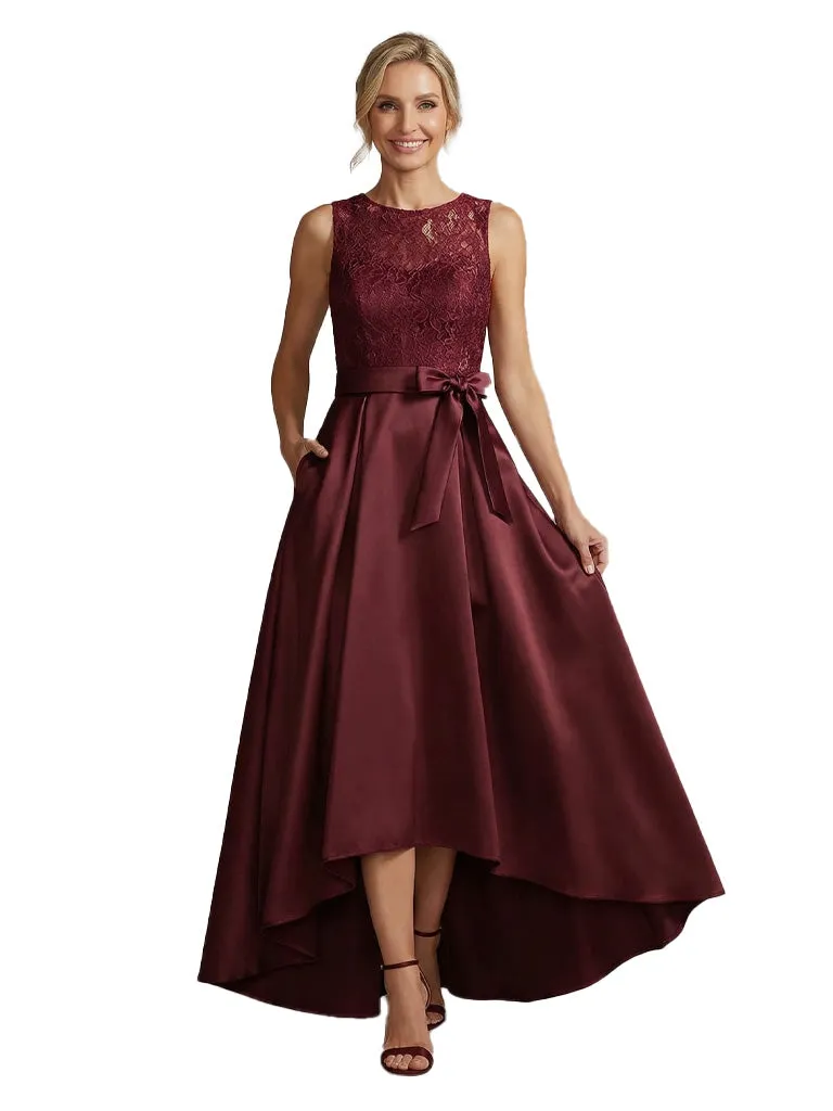 Modern High-Low Satin Mother Of The Bride Sleeveless Lace Jewel A-Line Dress With Bow Knot sold by ChicSew