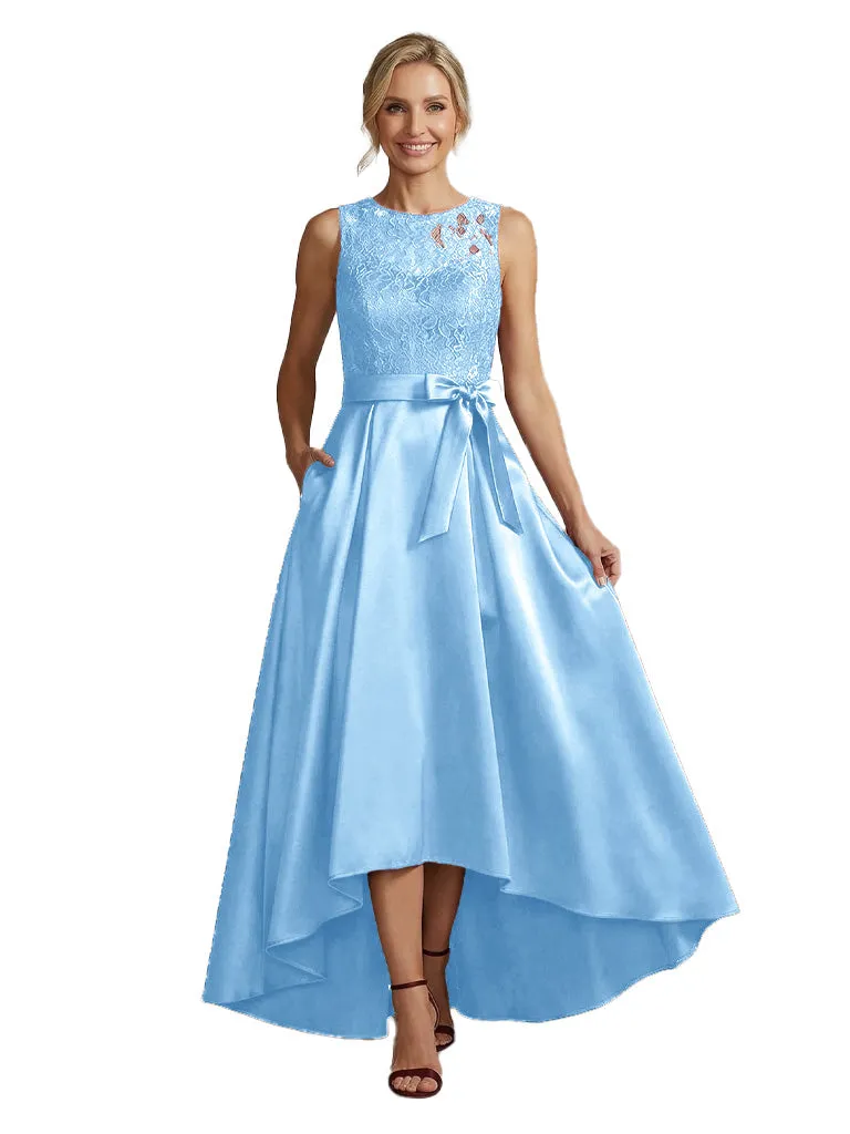 Modern High-Low Satin Mother Of The Bride Sleeveless Lace Jewel A-Line Dress With Bow Knot sold by ChicSew product image thumbnail 5