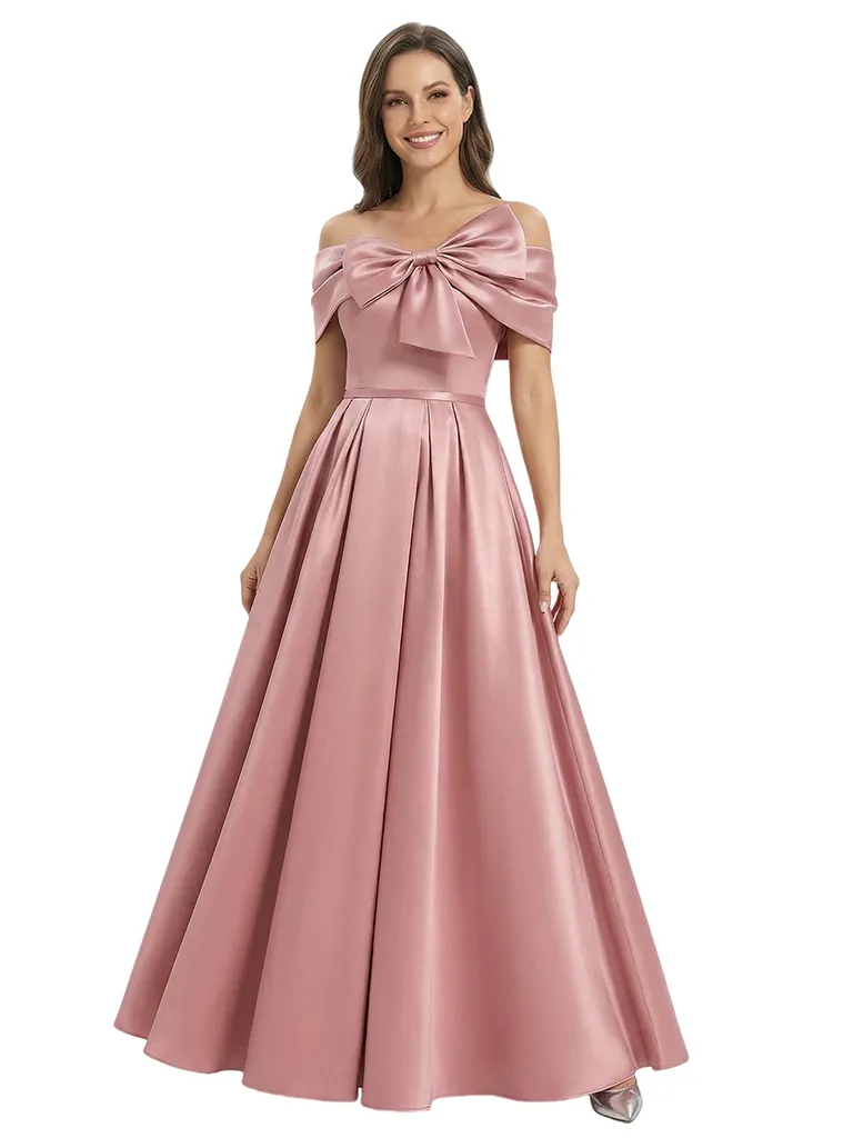 Satin A-Line Mother Of The Bride Dress Off Shoulder Bow Formal Floor Length Gown sold by ChicSew