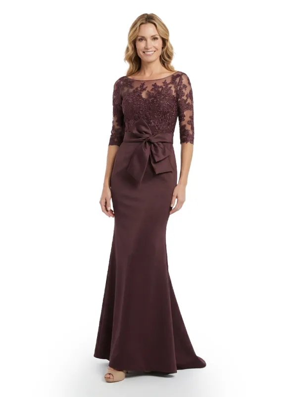 Elegant Mermaid Illusion Half Sleeves Lace Top Satin Mother Of The Bride Gown With Bow Knot sold by ChicSew