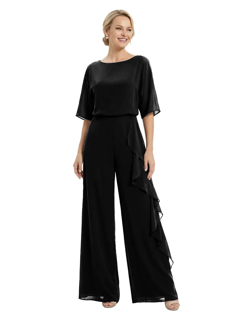 Gorgeous Mother of The Groom Unique Scoop Neck Half-Sleeve Chiffon Formal Wedding Pantsuit sold by ChicSew product image thumbnail 4