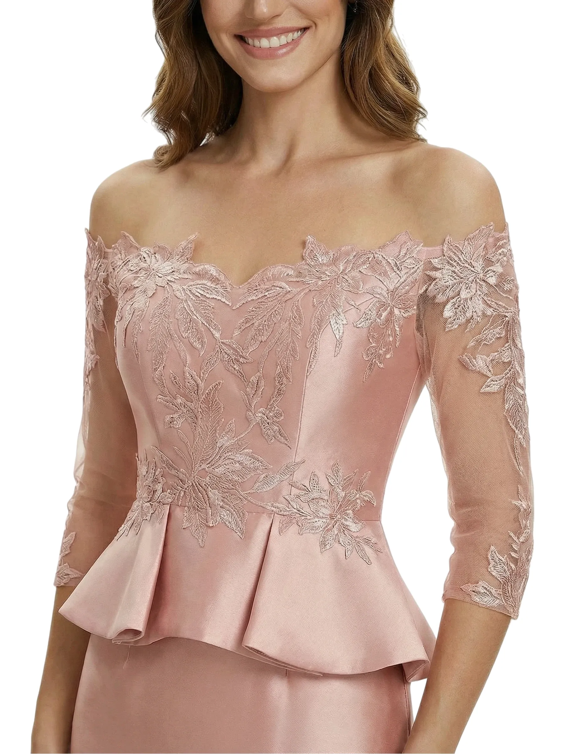 Chic Off Shoulder 3/4 Sleeves Mother Of The Bride Dress Maxi Mermaid Satin Gown with Lace Applique sold by ChicSew product image thumbnail 2