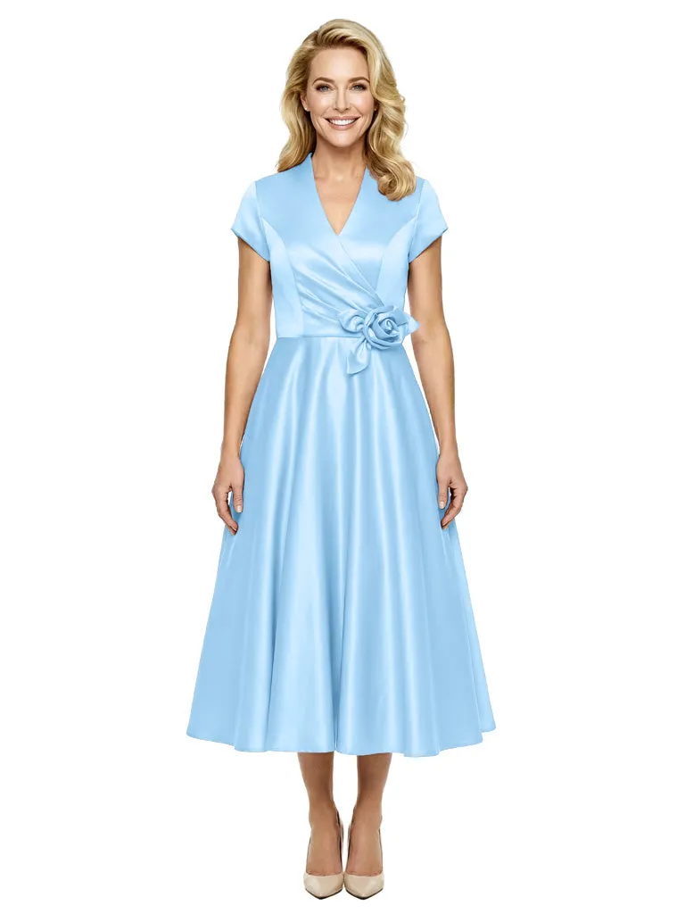 Simple V-Neck Short Sleeves Satin Tea-Length A-Line Mother Of The Bride Dresses sold by ChicSew product image thumbnail 5
