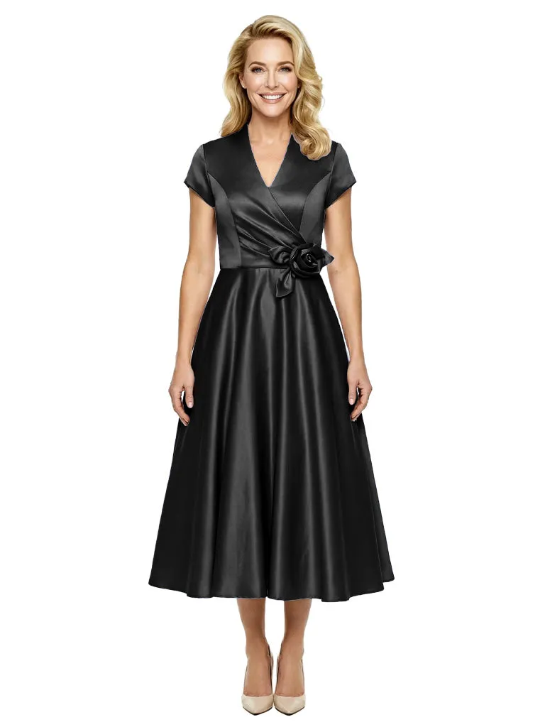 Simple V-Neck Short Sleeves Satin Tea-Length A-Line Mother Of The Bride Dresses sold by ChicSew product image thumbnail 4