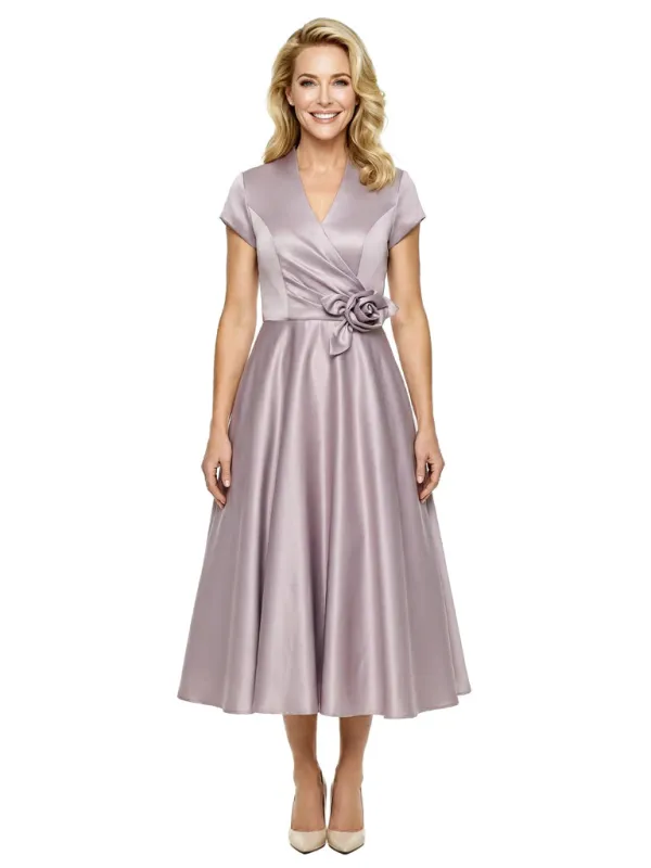 Simple V-Neck Short Sleeves Satin Tea-Length A-Line Mother Of The Bride Dresses sold by ChicSew