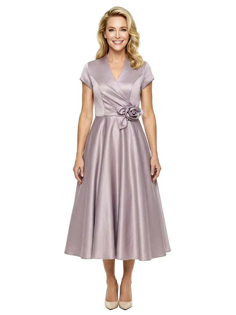 Simple V-Neck Short Sleeves Satin Tea-Length A-Line Mother Of The Bride Dresses sold by ChicSew