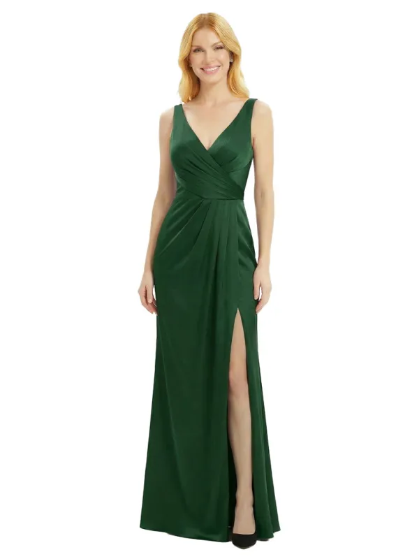 Simple Spaghetti Straps V-Neck Side Slit Floor-Length Satin Mother Of The Bride Dresses sold by ChicSew