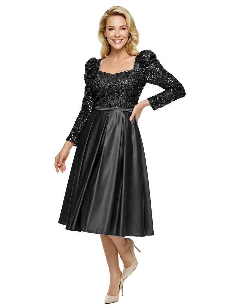 Simple Square Long Sleeves Sequin Satin Midi A-Line Mother Of The Bride Dresses sold by ChicSew product image thumbnail 4
