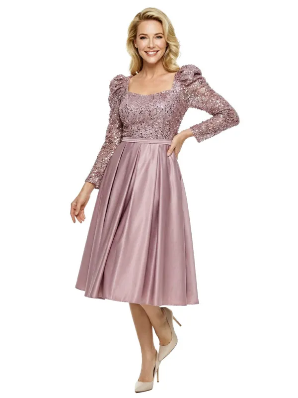 Simple Square Long Sleeves Sequin Satin Midi A-Line Mother Of The Bride Dresses sold by ChicSew