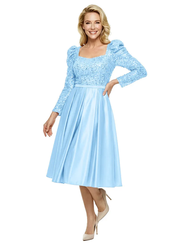 Simple Square Long Sleeves Sequin Satin Midi A-Line Mother Of The Bride Dresses sold by ChicSew product image thumbnail 5