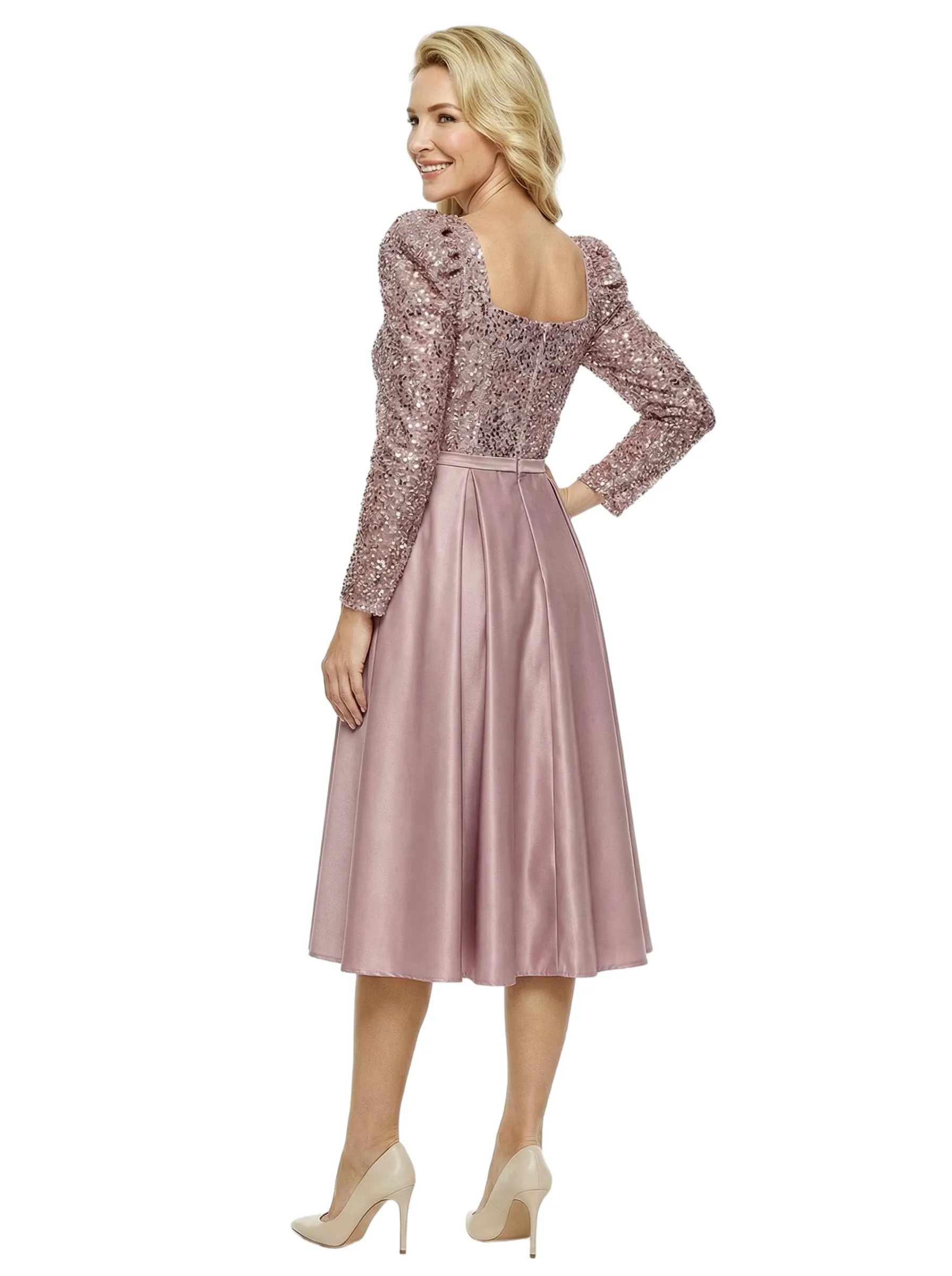 Simple Square Long Sleeves Sequin Satin Midi A-Line Mother Of The Bride Dresses sold by ChicSew product image thumbnail 3