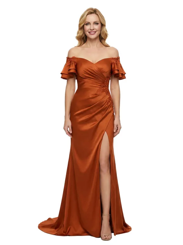 Exquisite Lace Applique Off The Shoulder Satin Ruched Mother Of The Bride Gown With Side Slit sold by ChicSew