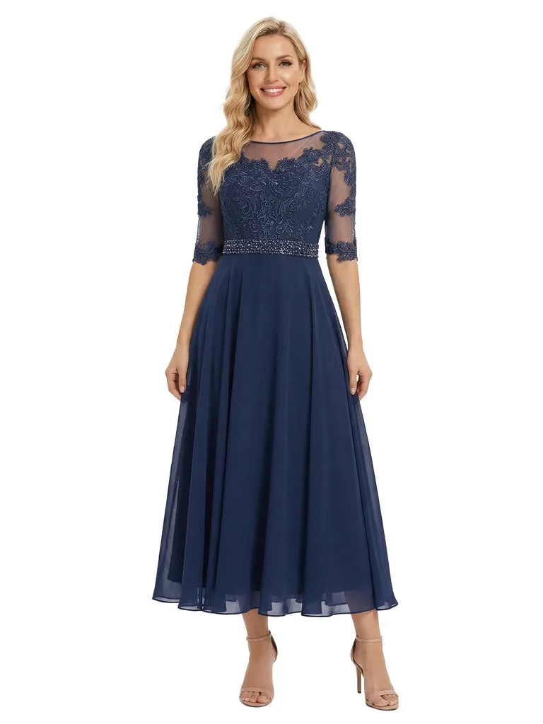 Pretty Scoop Neck Half-Sleeve Lace Chiffon Tea-Length Gown Modern Mother of The Bride Dresses sold by ChicSew