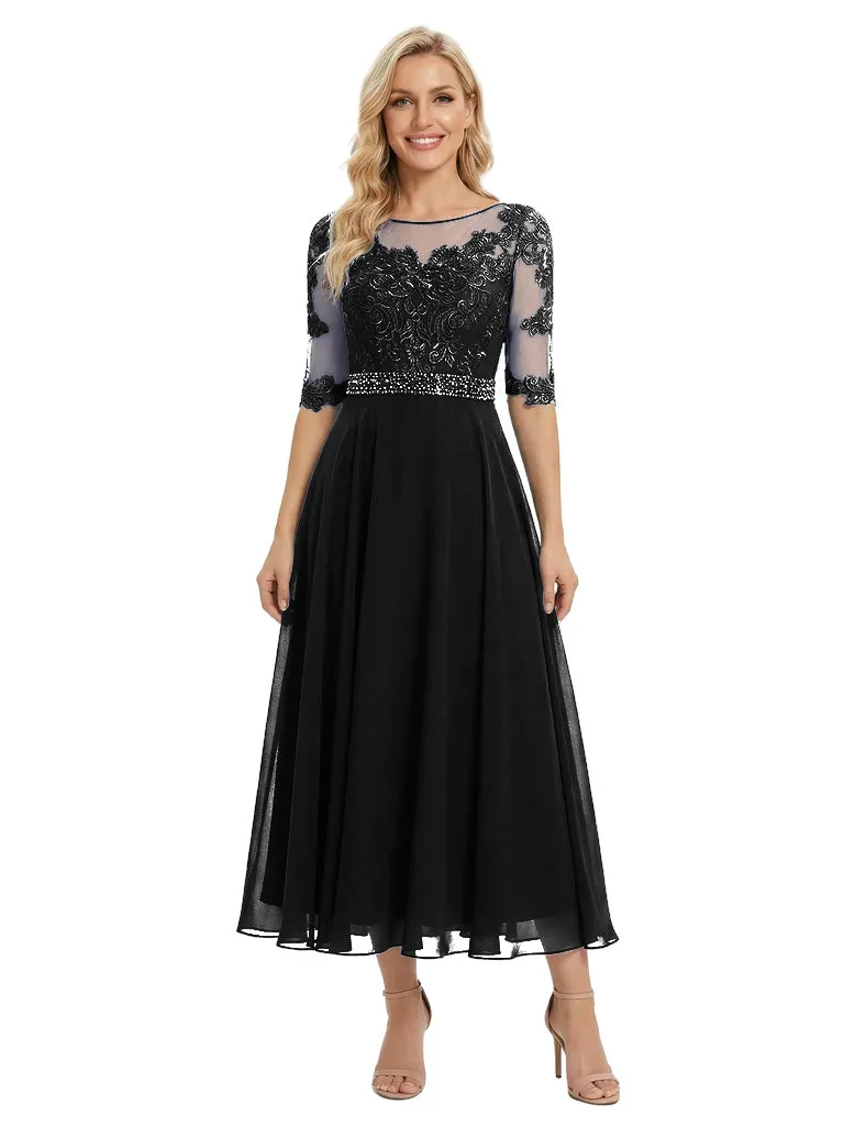 Pretty Scoop Neck Half-Sleeve Lace Chiffon Tea-Length Gown Modern Mother of The Bride Dresses sold by ChicSew product image thumbnail 4