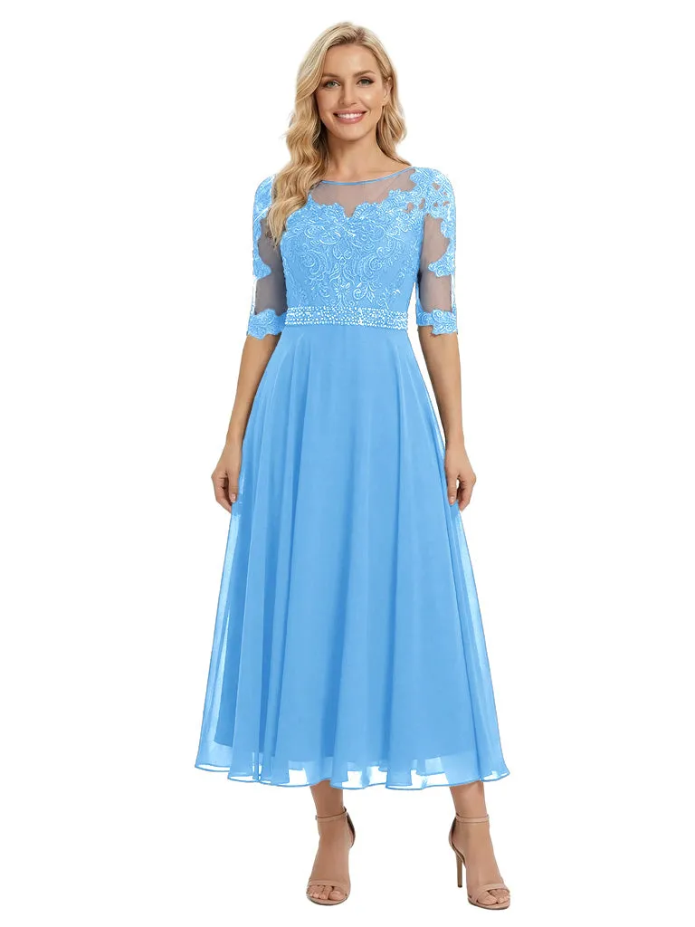 Pretty Scoop Neck Half-Sleeve Lace Chiffon Tea-Length Gown Modern Mother of The Bride Dresses sold by ChicSew product image thumbnail 5
