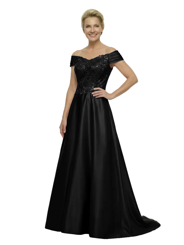 Elegant Off Shoulder Sleeveless A-Line Floor-Length Satin Mother Of The Bride Dress sold by ChicSew product image thumbnail 4