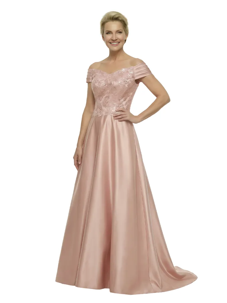 Elegant Off Shoulder Sleeveless A-Line Floor-Length Satin Mother Of The Bride Dress sold by ChicSew
