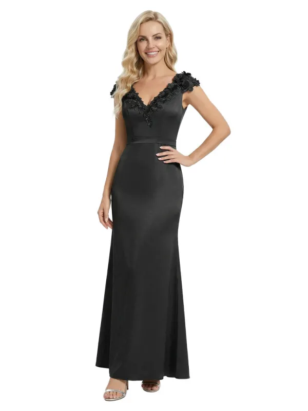 Elegant Sleeveless Floral V-Neck Floor-Length Satin Mother Of The Bride Dresses sold by ChicSew