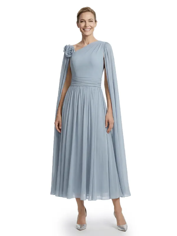 One Shoulder Chiffon Mother Of The Bride Dress Cape Sleeves Maxi Gown Formal Wedding Attire made by ChicSew