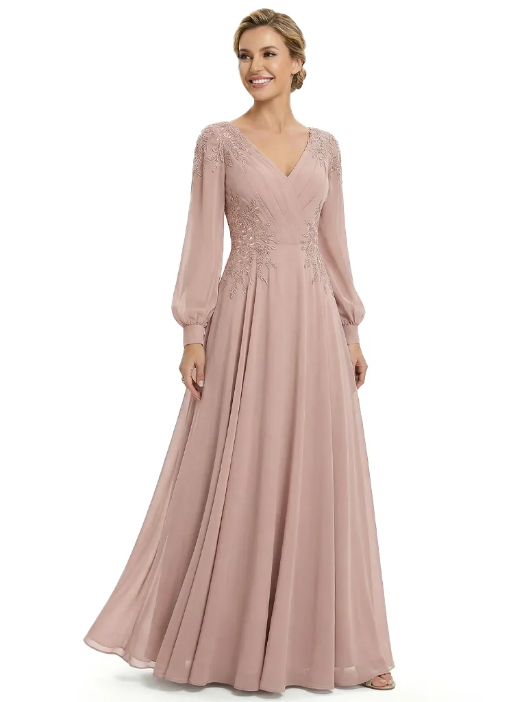 Beautiful Mother Of The Bride Dresses V-Neck Long Sleeves A-Line Formal Wedding Event Dress sold by ChicSew