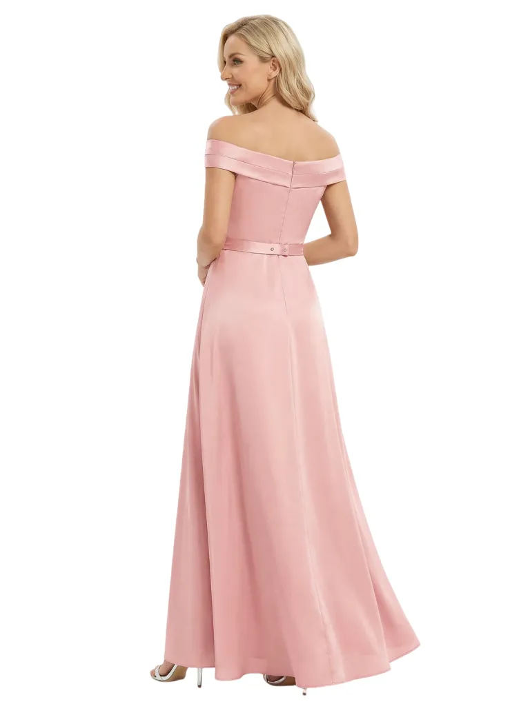 Gorgeous Mother of The Bride Dresses Off Shoulder Satin Maxi Gown With Slit Unique Ruched Buckled Formal Wedding Dress sold by ChicSew product image thumbnail 3