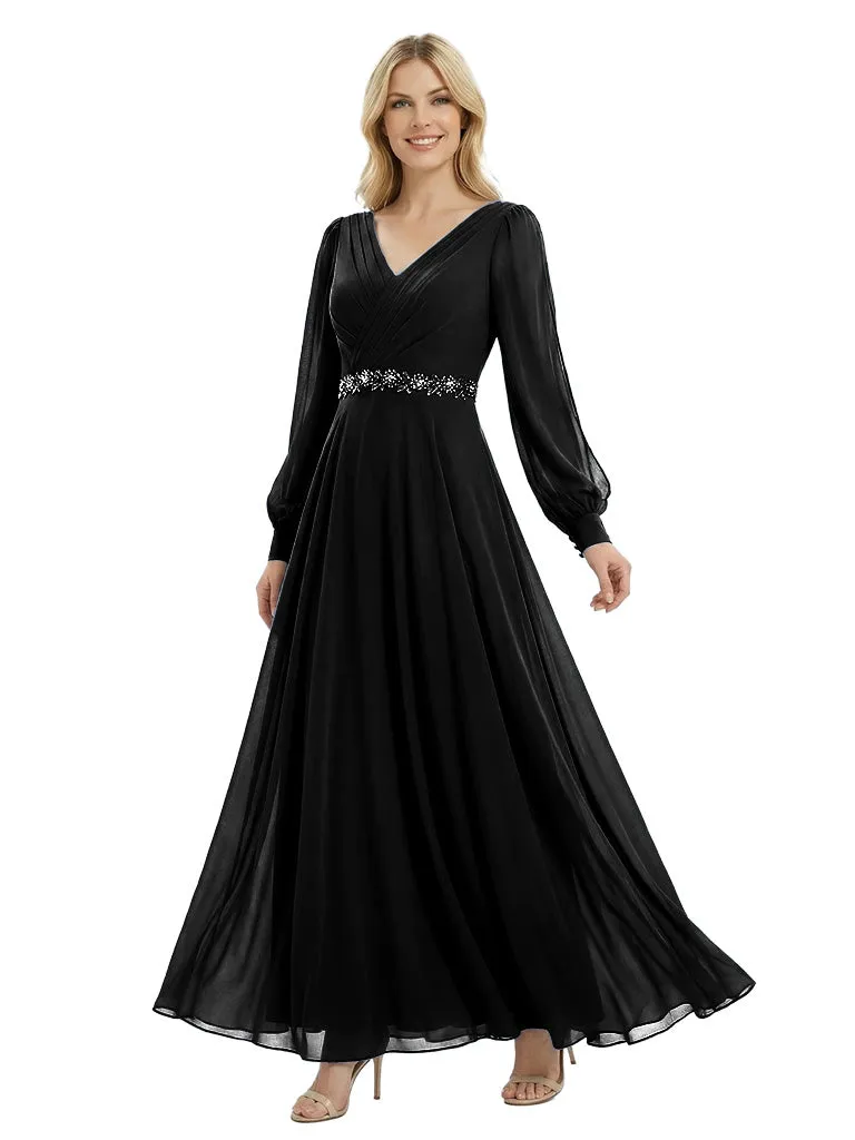 Beautiful V-Neck Long Sleeves Chiffon Pleated A-Line Beaded Long Mother Of The Bride Gown sold by ChicSew product image thumbnail 4