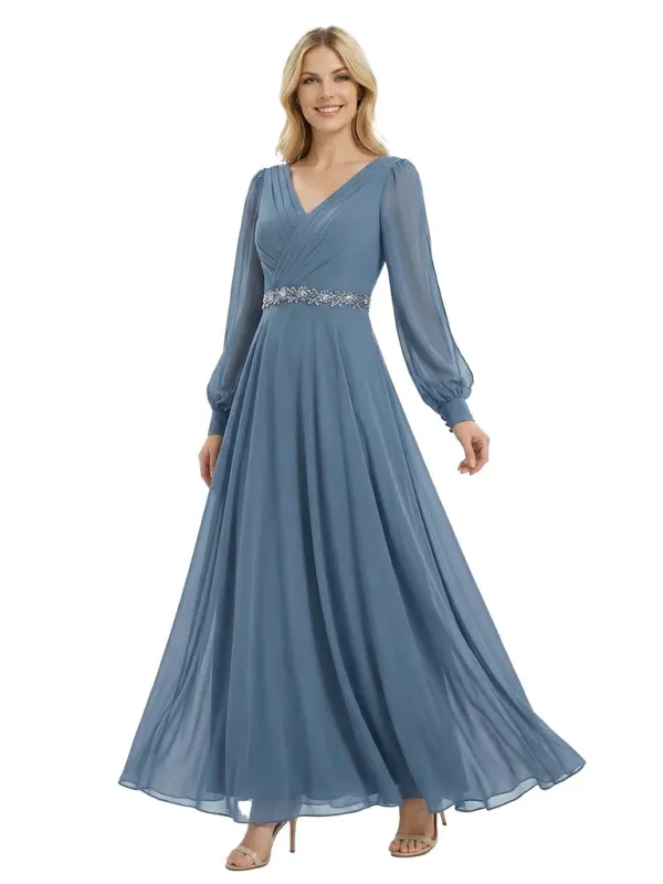 Beautiful V-Neck Long Sleeves Chiffon Pleated A-Line Beaded Long Mother Of The Bride Gown sold by ChicSew