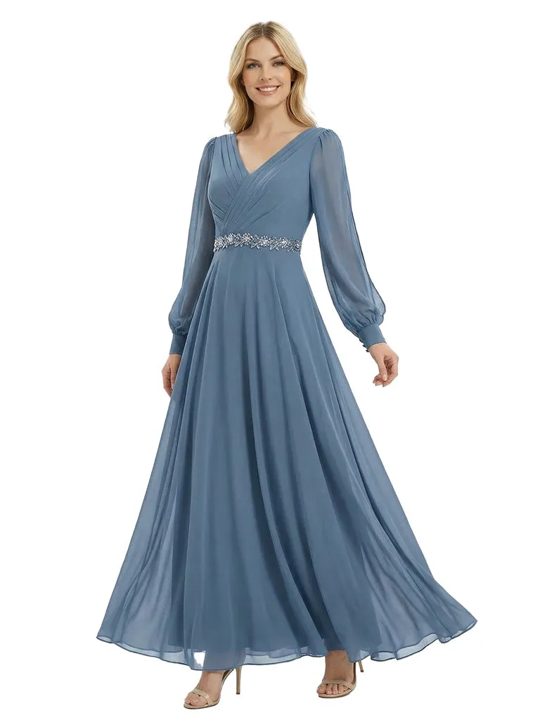 Beautiful V-Neck Long Sleeves Chiffon Pleated A-Line Beaded Long Mother Of The Bride Gown sold by ChicSew