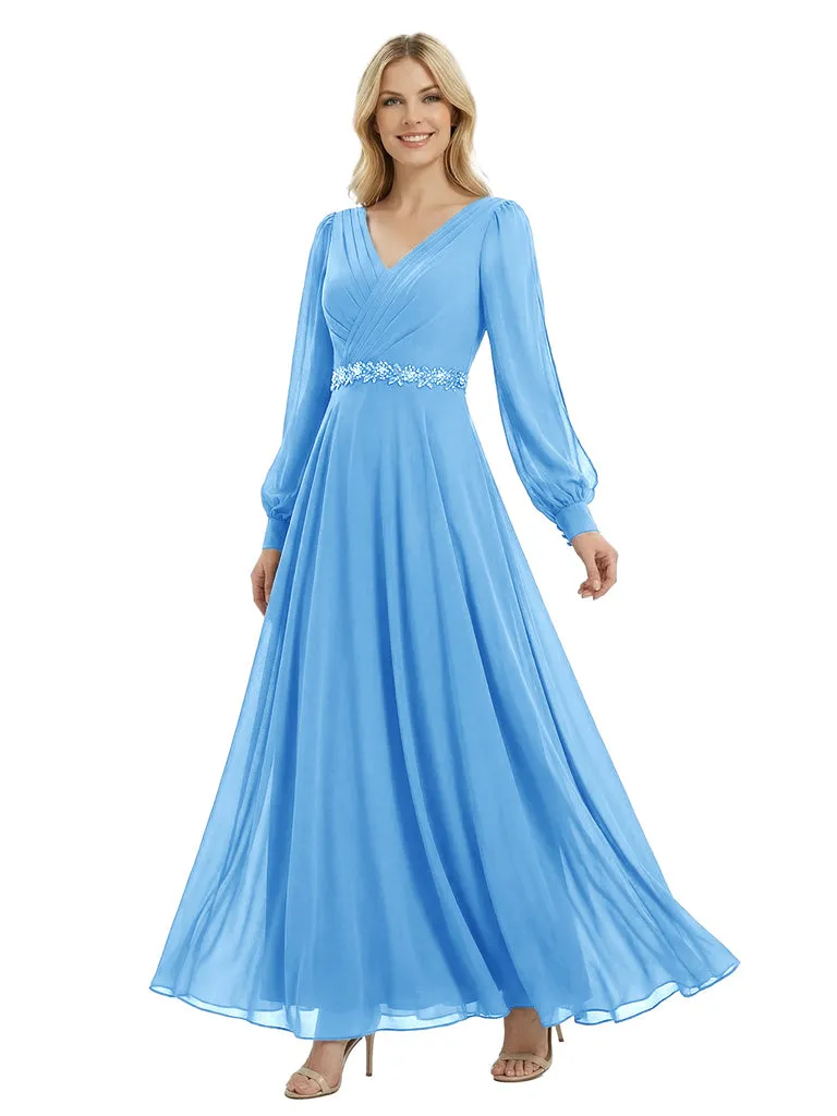 Beautiful V-Neck Long Sleeves Chiffon Pleated A-Line Beaded Long Mother Of The Bride Gown sold by ChicSew product image thumbnail 5