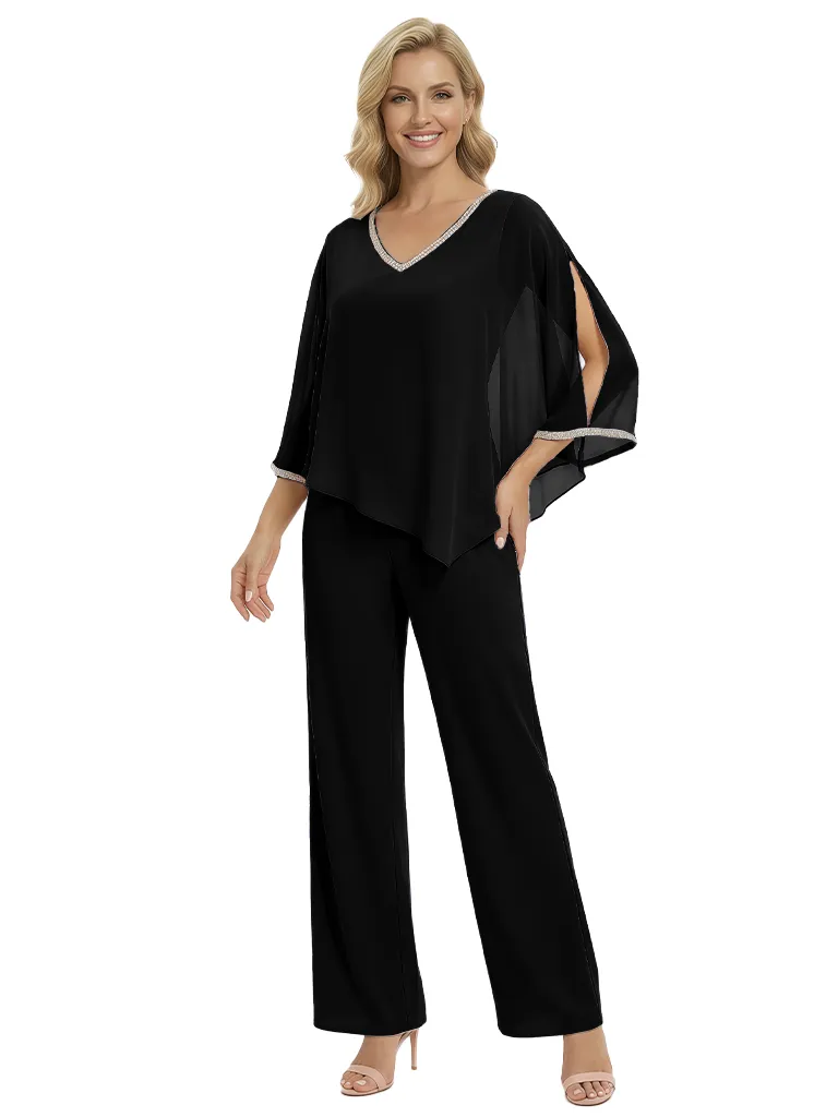 Modern Mother of The Groom Outfit Pretty V-Neck Chiffon PantSuit sold by ChicSew product image thumbnail 4