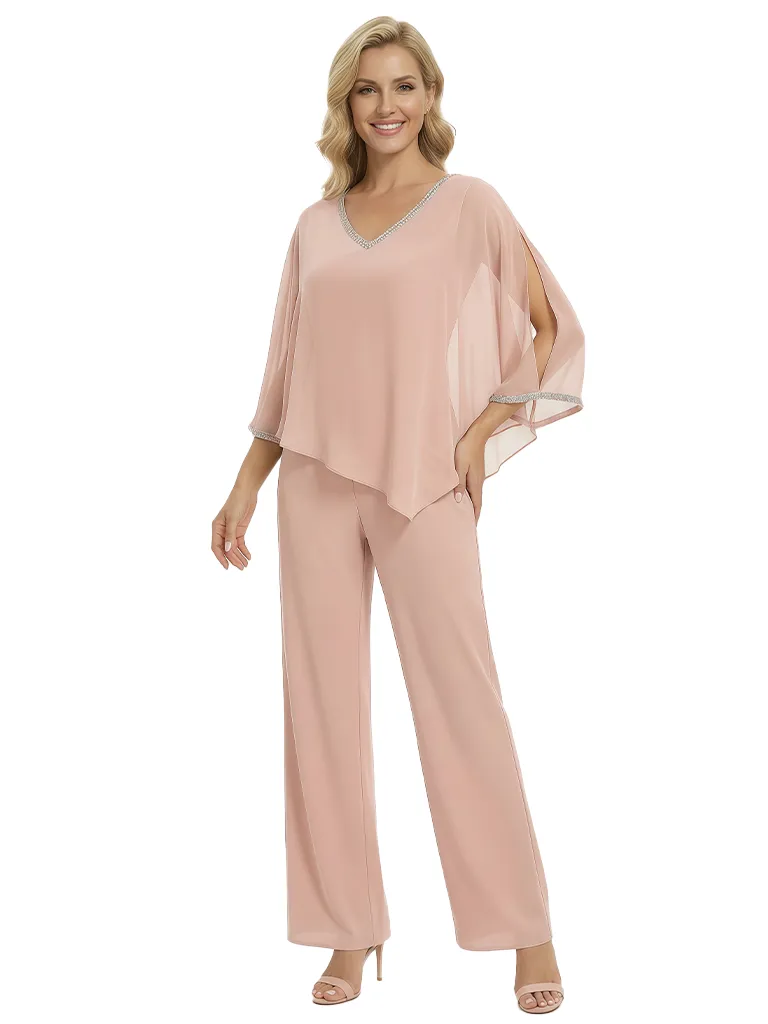 Modern Mother of The Groom Outfit Pretty V-Neck Chiffon PantSuit sold by ChicSew
