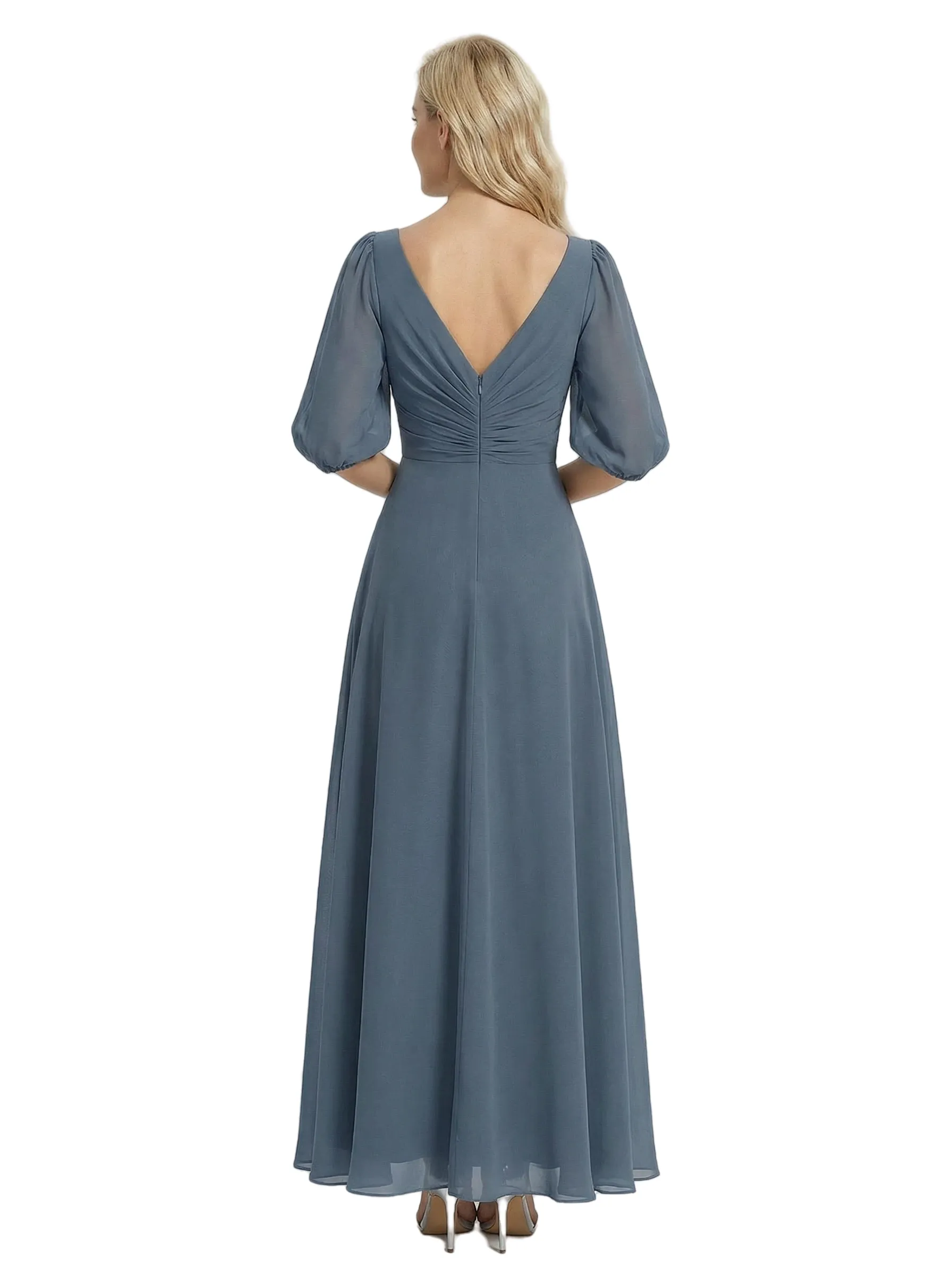 Unique Flutter Sleeves V-Neck Chiffon Ruched A-Line Maxi Dress For Mother Of The Bride sold by ChicSew product image thumbnail 3