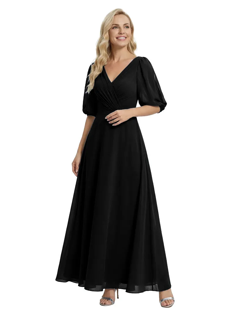 Unique Flutter Sleeves V-Neck Chiffon Ruched A-Line Maxi Dress For Mother Of The Bride sold by ChicSew product image thumbnail 4