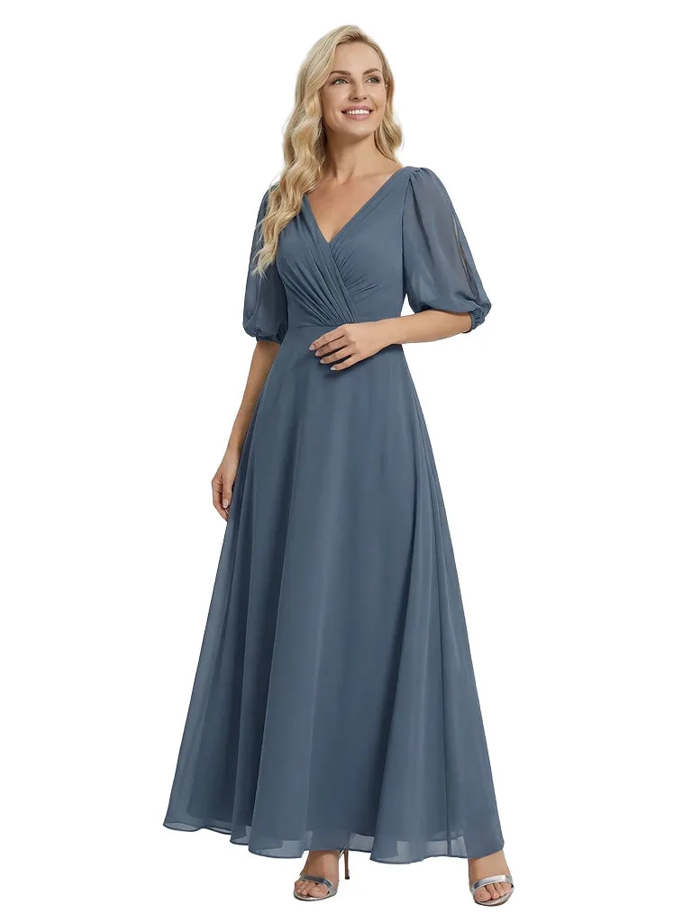 Unique Flutter Sleeves V-Neck Chiffon Ruched A-Line Maxi Dress For Mother Of The Bride sold by ChicSew