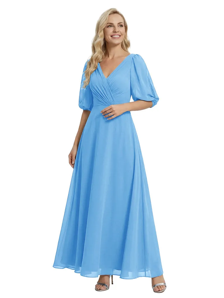Unique Flutter Sleeves V-Neck Chiffon Ruched A-Line Maxi Dress For Mother Of The Bride sold by ChicSew product image thumbnail 5