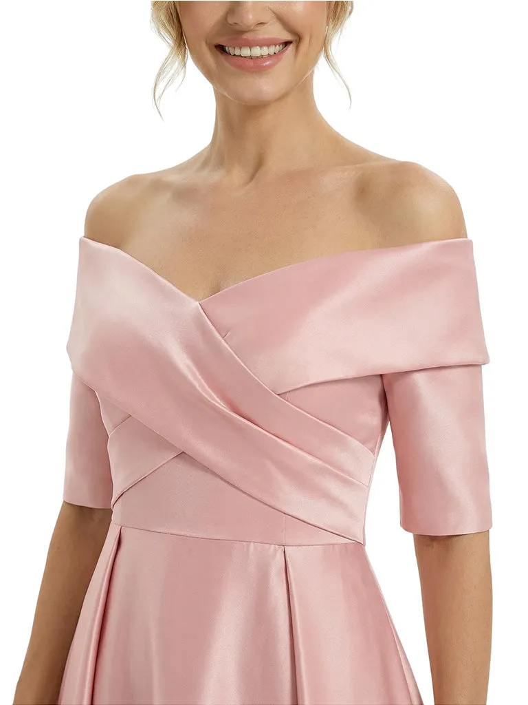 Elegant Off Shoulder Satin Half Sleeves Sheath Mother Of The Bride Dresses Overskirt sold by ChicSew product image thumbnail 2
