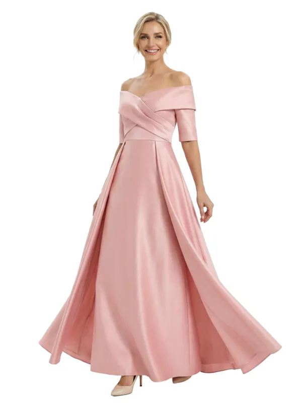 Elegant Off Shoulder Satin Half Sleeves Sheath Mother Of The Bride Dresses Overskirt sold by ChicSew