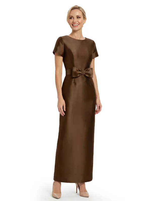 Beautiful Jewel Short Sleeves Satin Bow Knot Slit Sheath Mother Of The Bride Dresses sold by ChicSew