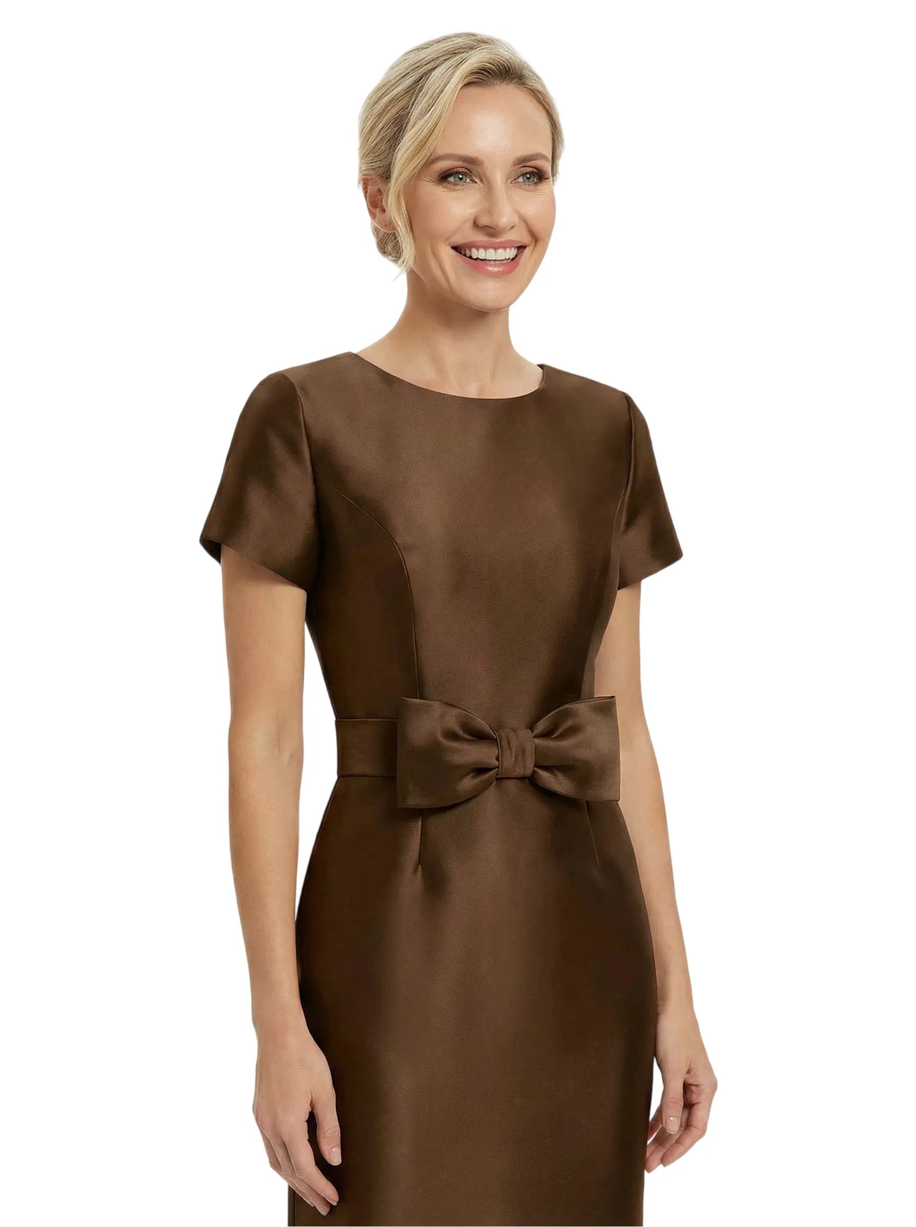 Beautiful Jewel Short Sleeves Satin Bow Knot Slit Sheath Mother Of The Bride Dresses sold by ChicSew product image thumbnail 2