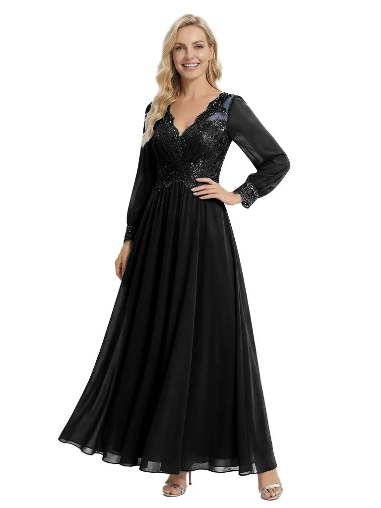 Stylish Mother of The Bride Dresses Unique V-Neck Long-Sleeve Lace Chiffon Formal Bridal Event Dress sold by ChicSew product image thumbnail 3