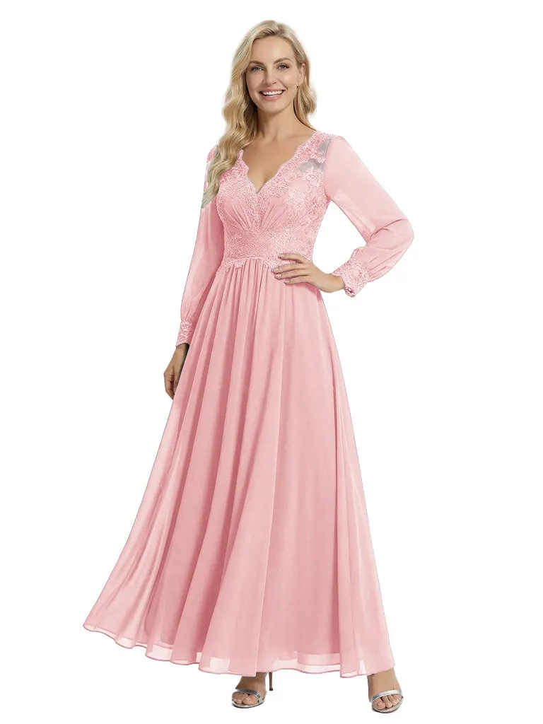 Stylish Mother of The Bride Dresses Unique V-Neck Long-Sleeve Lace Chiffon Formal Bridal Event Dress sold by ChicSew product image thumbnail 5