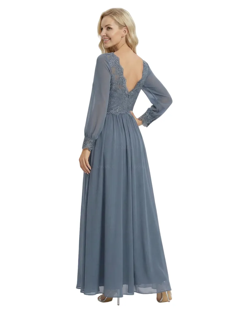 Stylish Mother of The Bride Dresses Unique V-Neck Long-Sleeve Lace Chiffon Formal Bridal Event Dress sold by ChicSew product image thumbnail 2