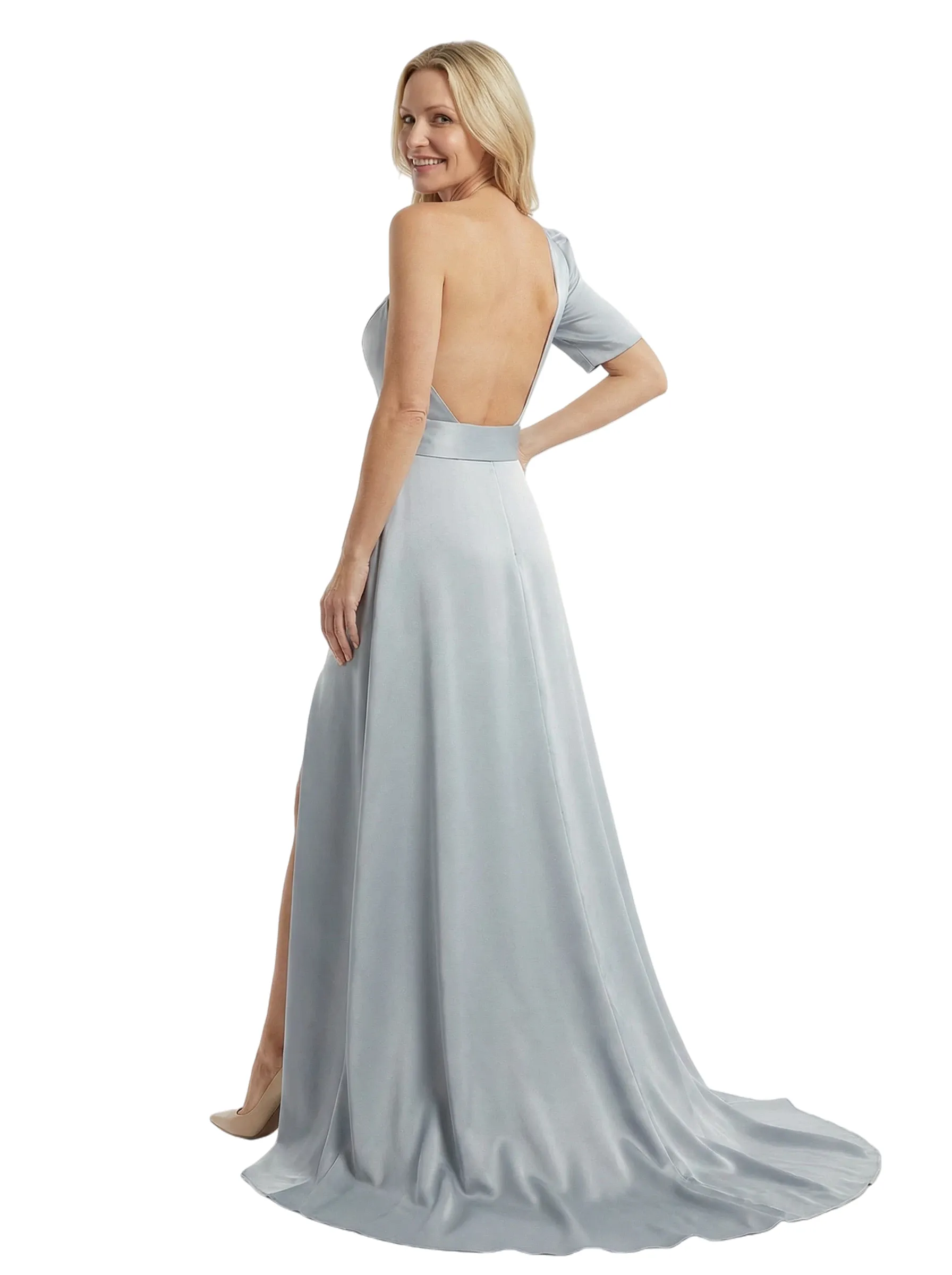 Stylish One Shoulder Short Sleeve Mother of The Bride Dress Side Slit A-Line Satin Fitted Maxi Gown sold by ChicSew product image thumbnail 3