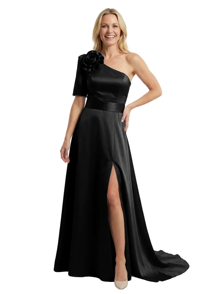 Stylish One Shoulder Short Sleeve Mother of The Bride Dress Side Slit A-Line Satin Fitted Maxi Gown sold by ChicSew product image thumbnail 4
