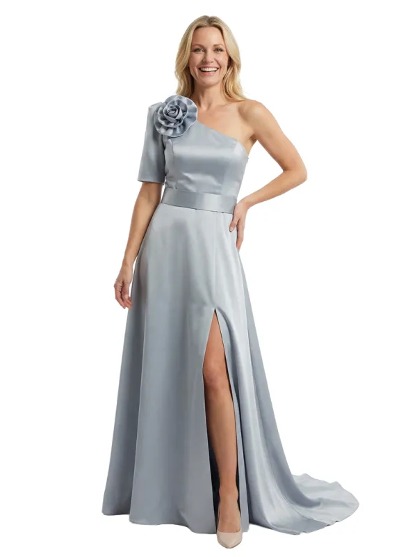 Stylish One Shoulder Short Sleeve Mother of The Bride Dress Side Slit A-Line Satin Fitted Maxi Gown sold by ChicSew