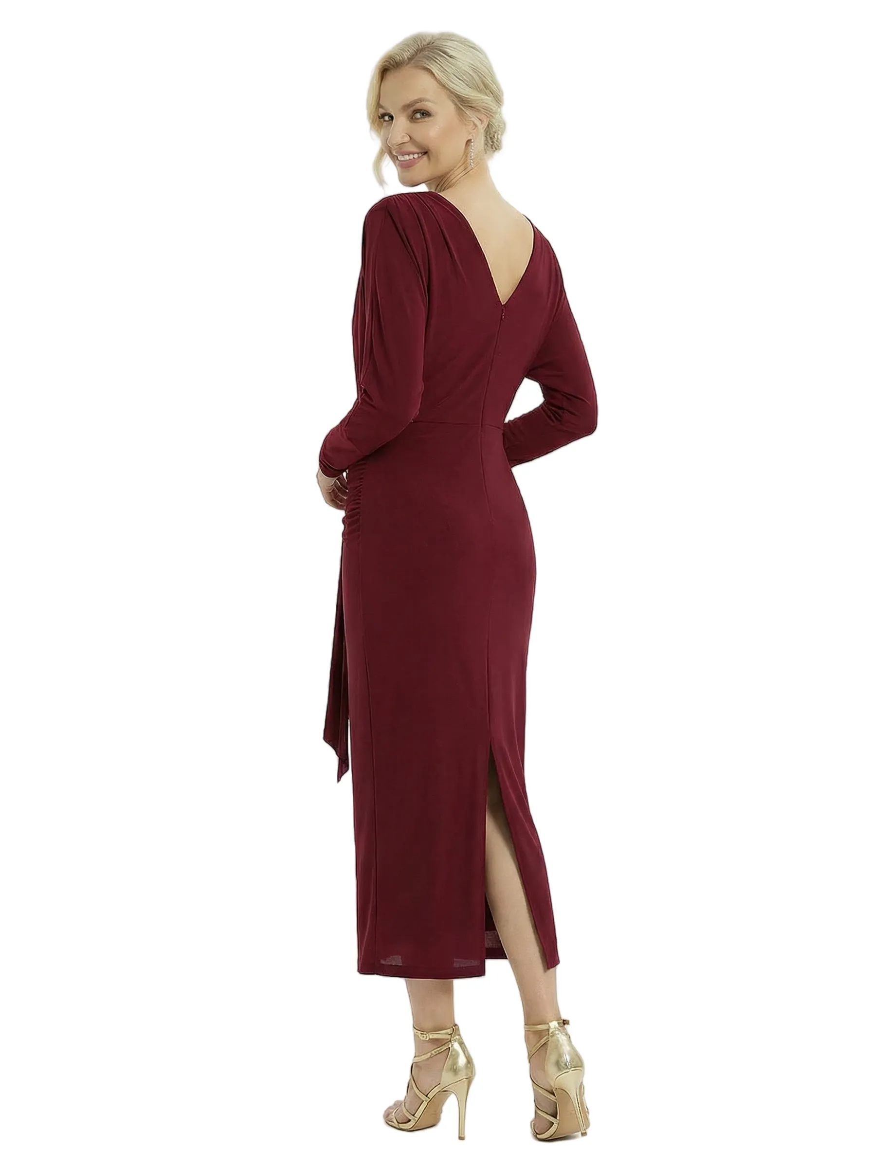 Sophisticated V-Neck Long Sleeves Ruched Chiffon Ankle-Length Sheath Mother Of The Groom Evening Dress sold by ChicSew product image thumbnail 2