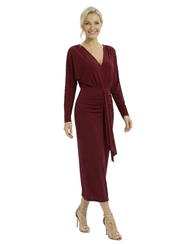 Sophisticated V-Neck Long Sleeves Ruched Chiffon Ankle-Length Sheath Mother Of The Groom Evening Dress sold by ChicSew