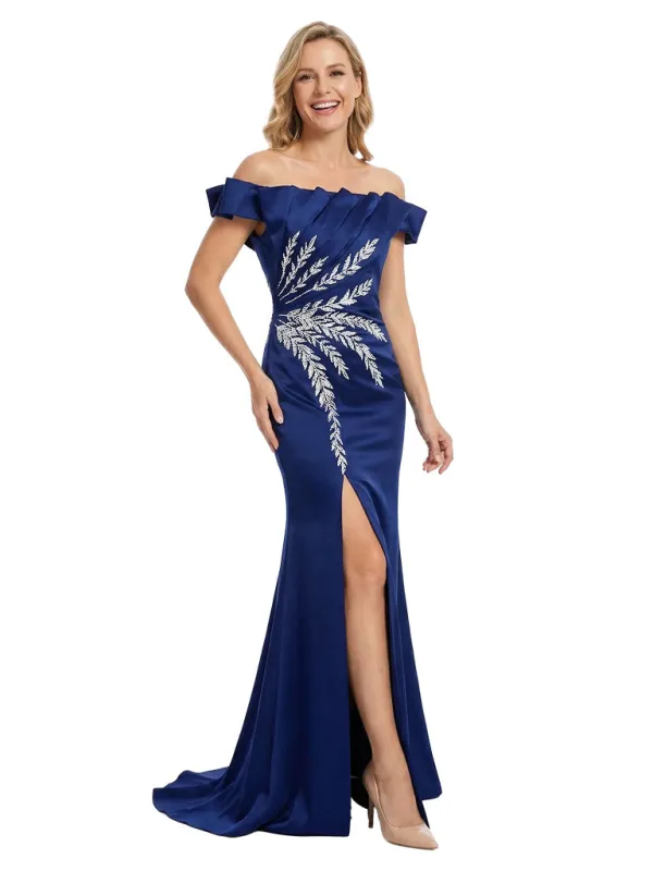 Elegant Off The Shoulder Satin Mermaid Floral Applique Mother of the Bride Dresses With Side Slit sold by ChicSew